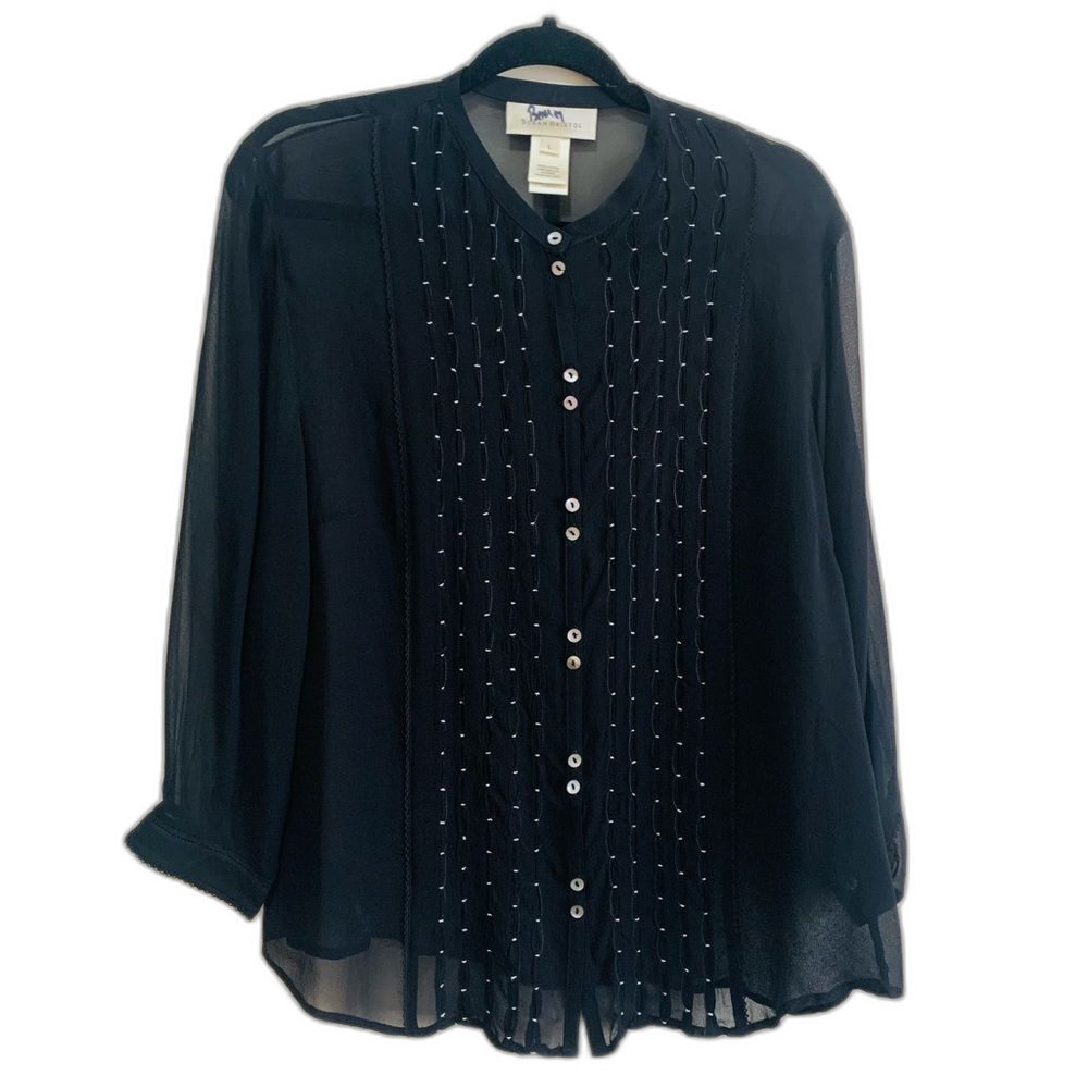 Susan Bristol Black Sheer Silk Pin Tuck Button-Front Blouse size large